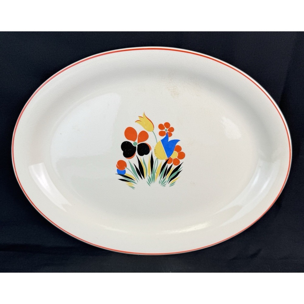 Vintage Universal Potteries 13" Ceramic Oval Circus Pattern Platter  Made In USA